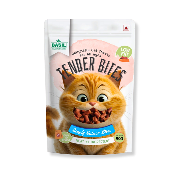 BASIL TENDER BITES Simply Salmon Bites – Healthy Cat Treat | 50g Pack | High Protein, Omega-3 Rich, Grain-Free Snack for Cats & Kittens