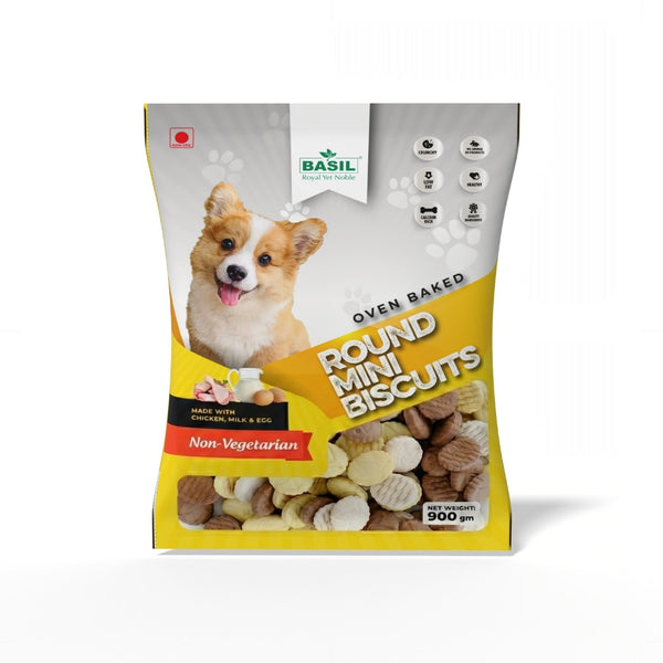 Dog Biscuits, Round Shaped, Chicken Flavor - Suitable for All Breeds, Small Dogs - 900 Grams