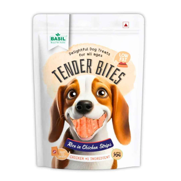 BASIL TENDER BITES Rice in Chicken Strips – Healthy & Soft Dog Treat | 70g Pack | High Protein, Gluten-Free, Training & Reward Snack for All Breeds